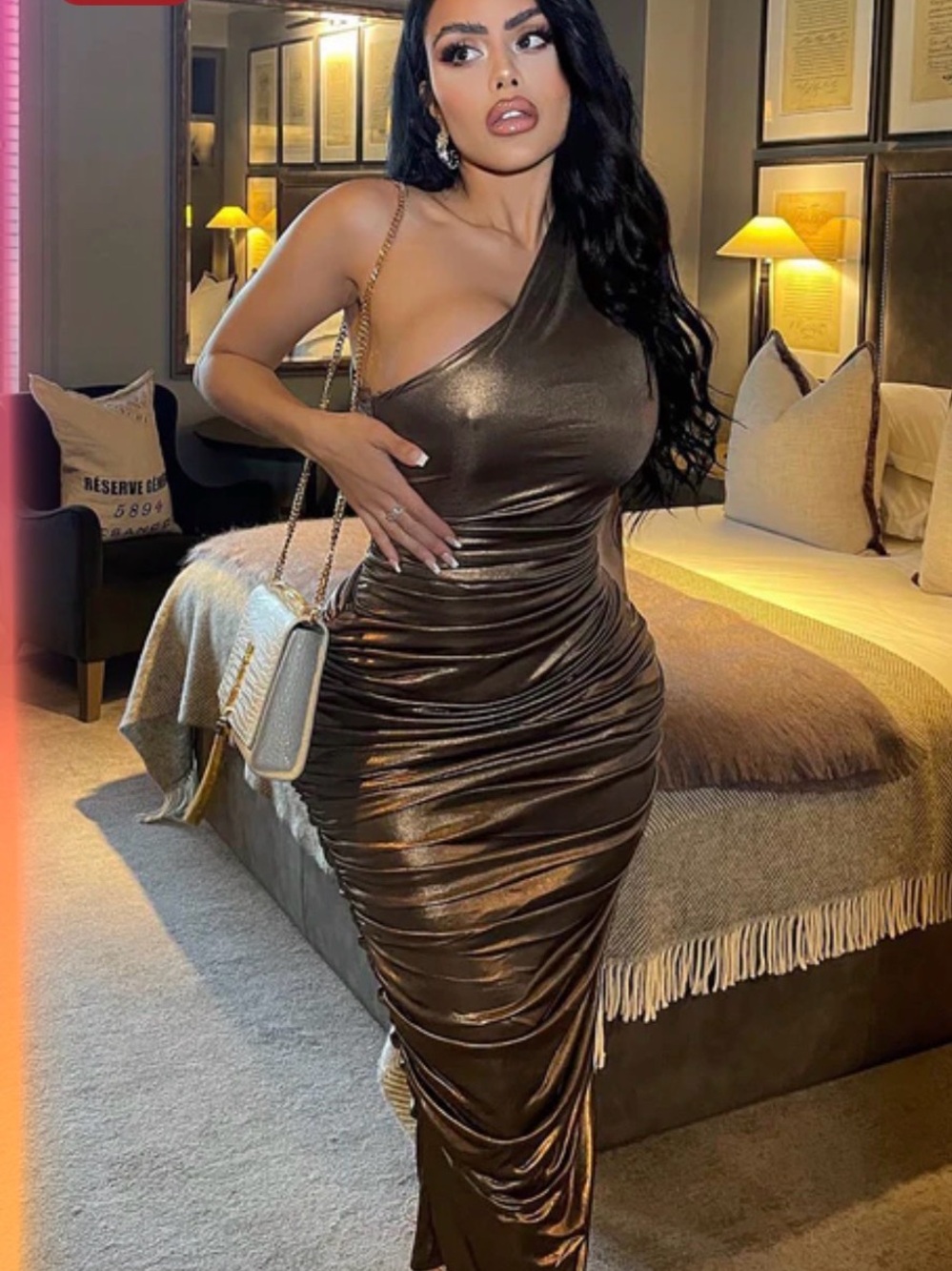 Fashion Nova One-Shoulder Metallic Bronze Evening Gown